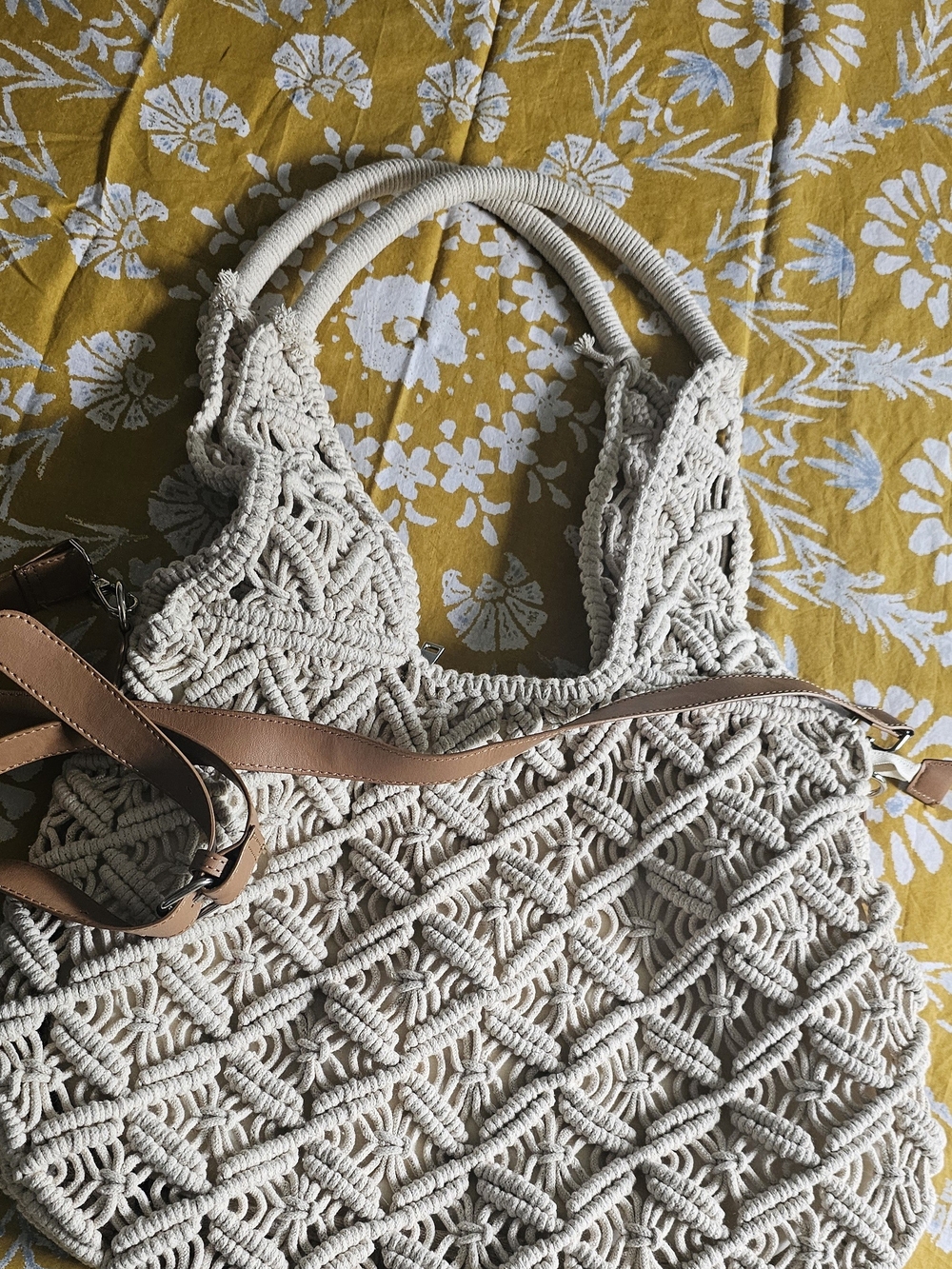 Cream Macramé Tote Bag with Tan Shoulder Strap